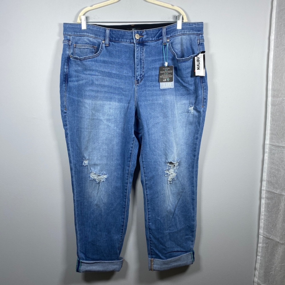 LuLaRoe Malibu Boyfriend Jeans Womens Magic Waist 40 Blue Medium Wash Distressed